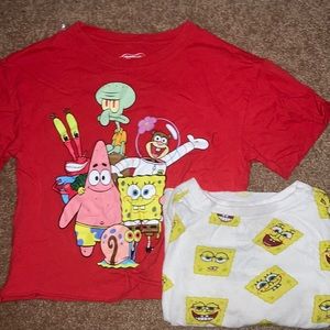 Two slightly cropped T-shirts with a SpongeBob theme